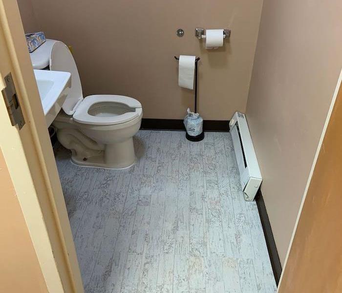 Commercial bathroom with white floorboards and beige walls