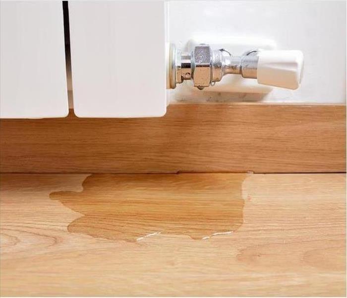 water leak with water puddling on hardwood floor